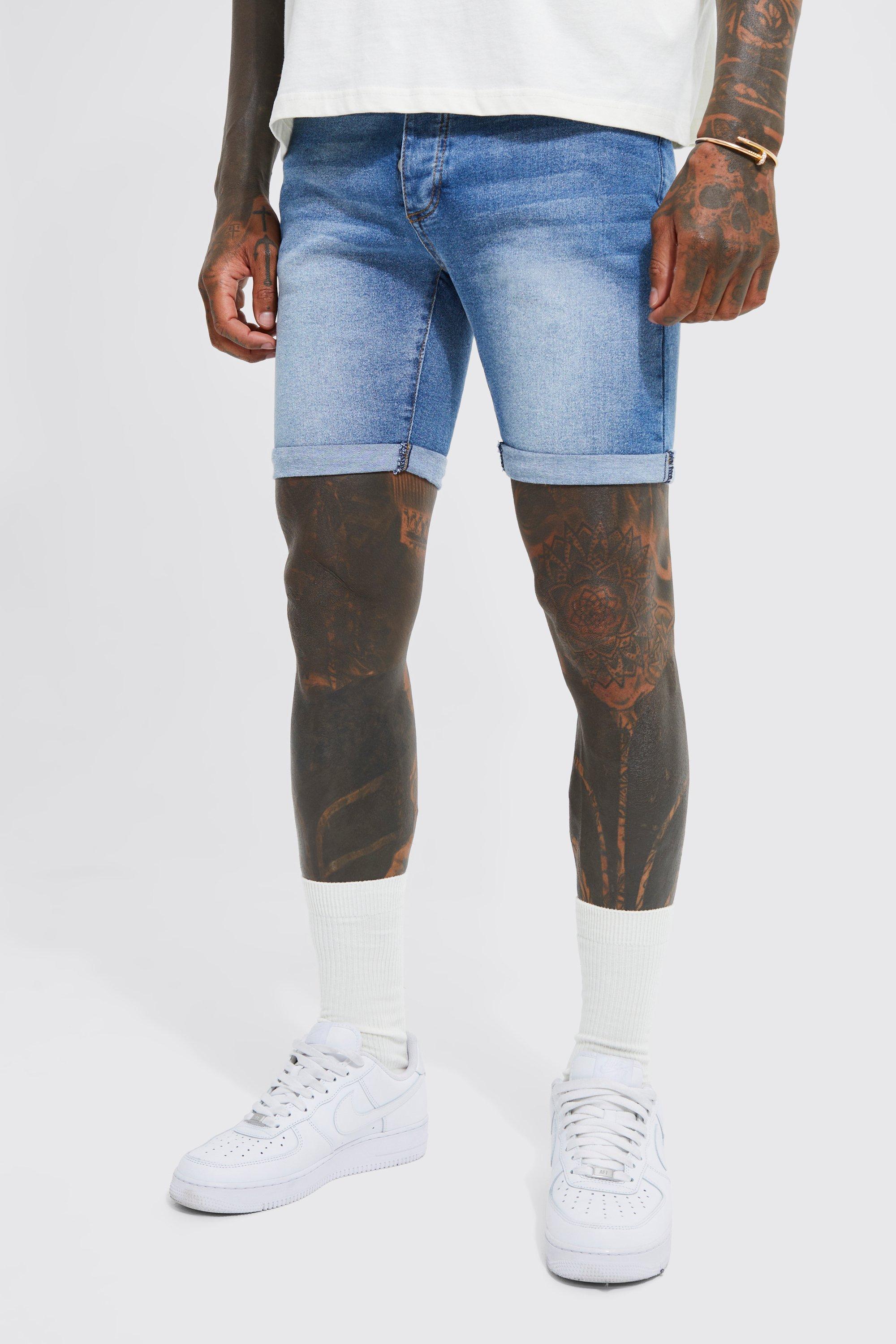 Mens Blue Skinny Stretch Denim Shorts, Blue